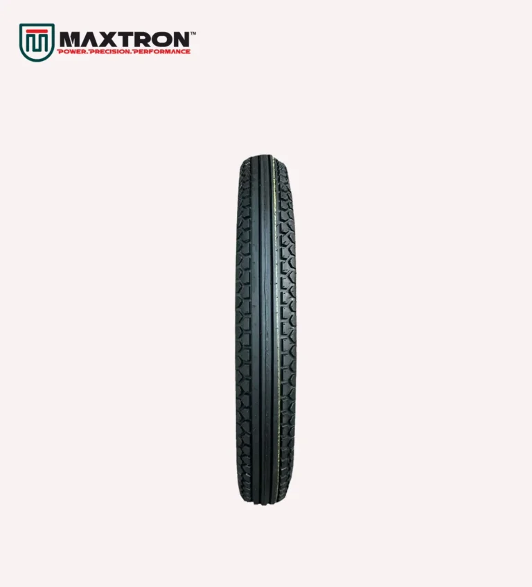 Maxtron M-104 motorcycle tyre with straight rib tread pattern for superior road grip, directional stability, smooth handling, and long-lasting performance.