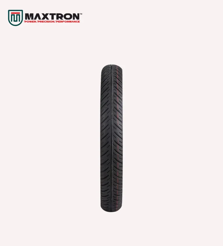Maxtron M-108 motorcycle tyre with directional V-shaped tread pattern for superior road grip, water drainage, stability, and long-lasting performance.