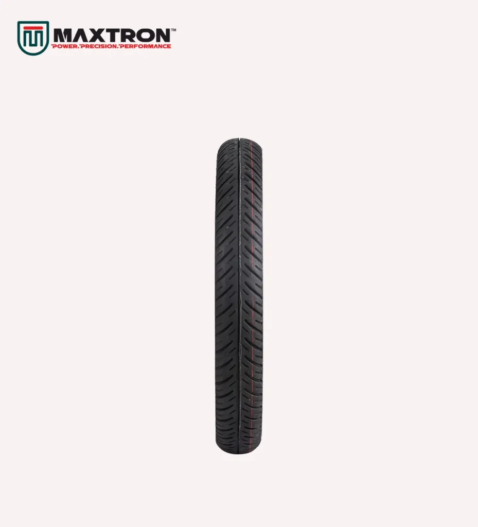 Maxtron M-108 motorcycle tyre with directional V-shaped tread pattern for superior road grip, water drainage, stability, and long-lasting performance.
