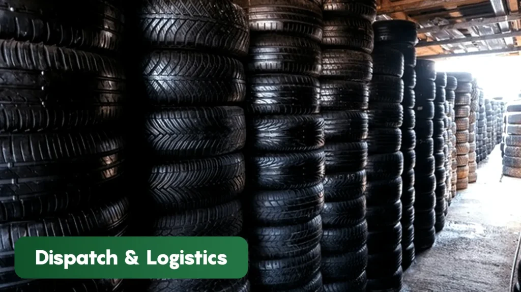 Warehouse filled with stacked bicycle tyres prepared for dispatch and logistics operations, showcasing organized storage and distribution management.
