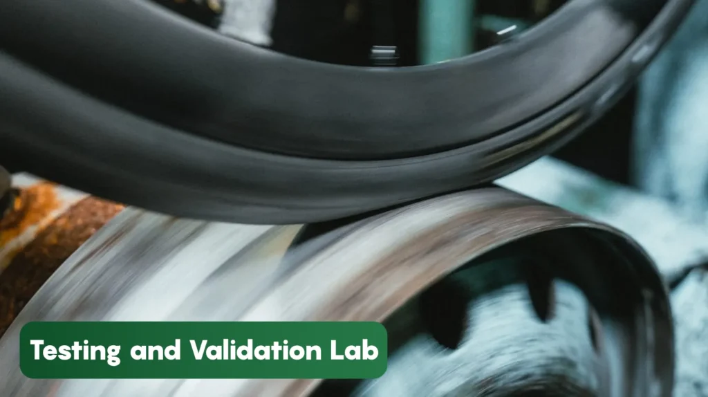 Bicycle tyre testing and validation equipment evaluating tyre performance, durability, and quality through advanced laboratory testing procedures during manufacturing.