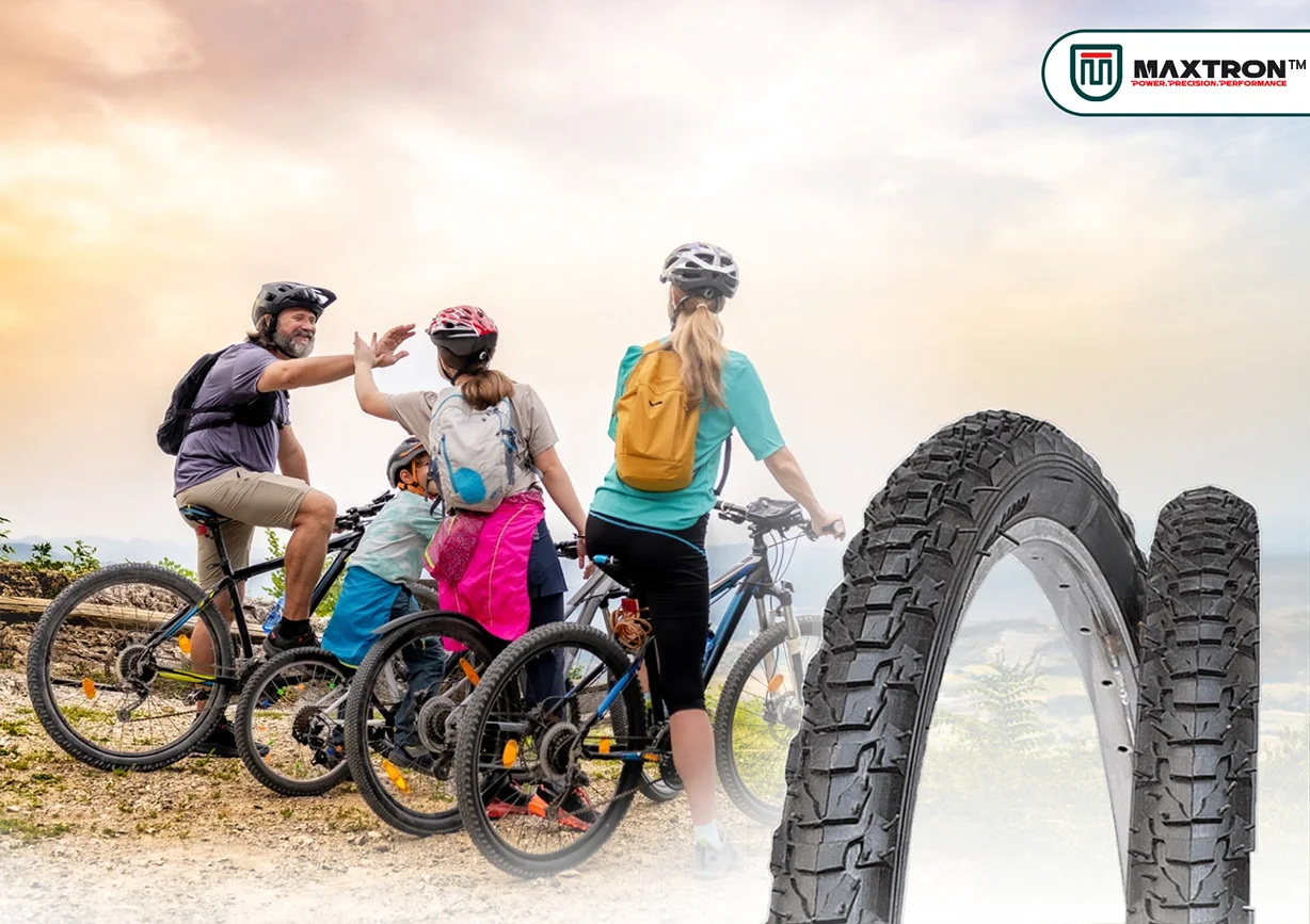 Family of cyclists enjoying a mountain trail ride alongside premium MTB bicycle tyres featuring aggressive tread patterns for superior grip, durability, stability, and off-road performance.