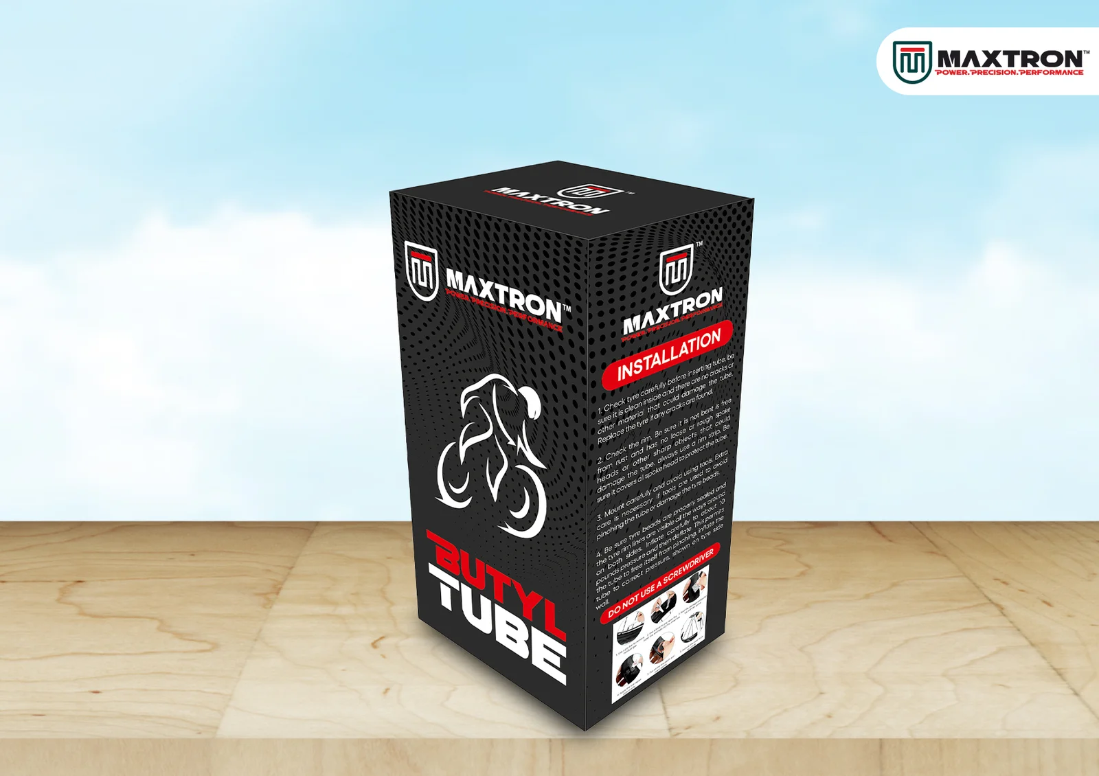 Maxtron Butyl Tube retail box packaging featuring premium branding, installation instructions, and protective packaging for bicycle inner tubes.