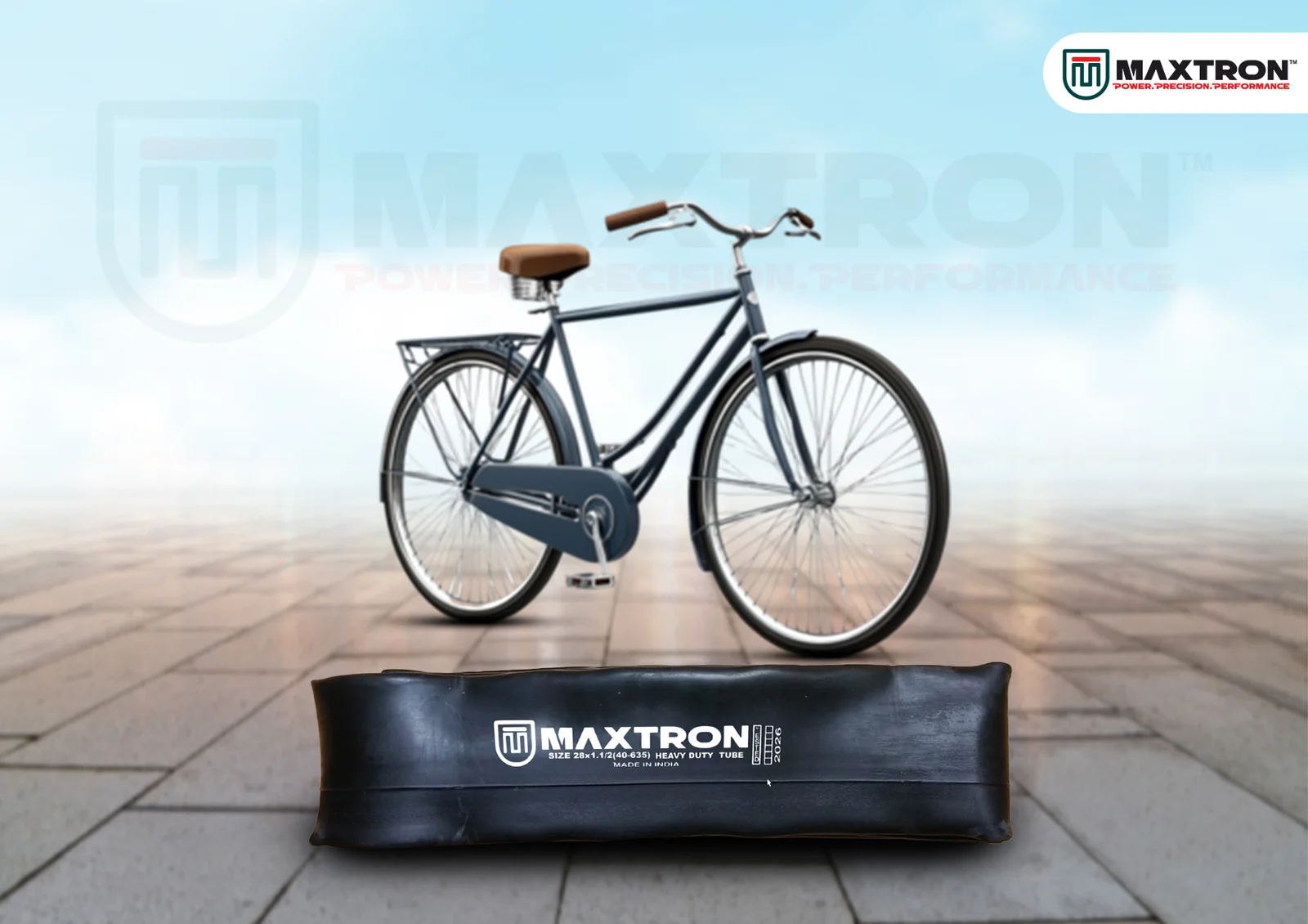 Classic city bicycle displayed above a Maxtron Jointed Bicycle Tube, showcasing a durable inner tube designed for everyday commuting and recreational cycling.