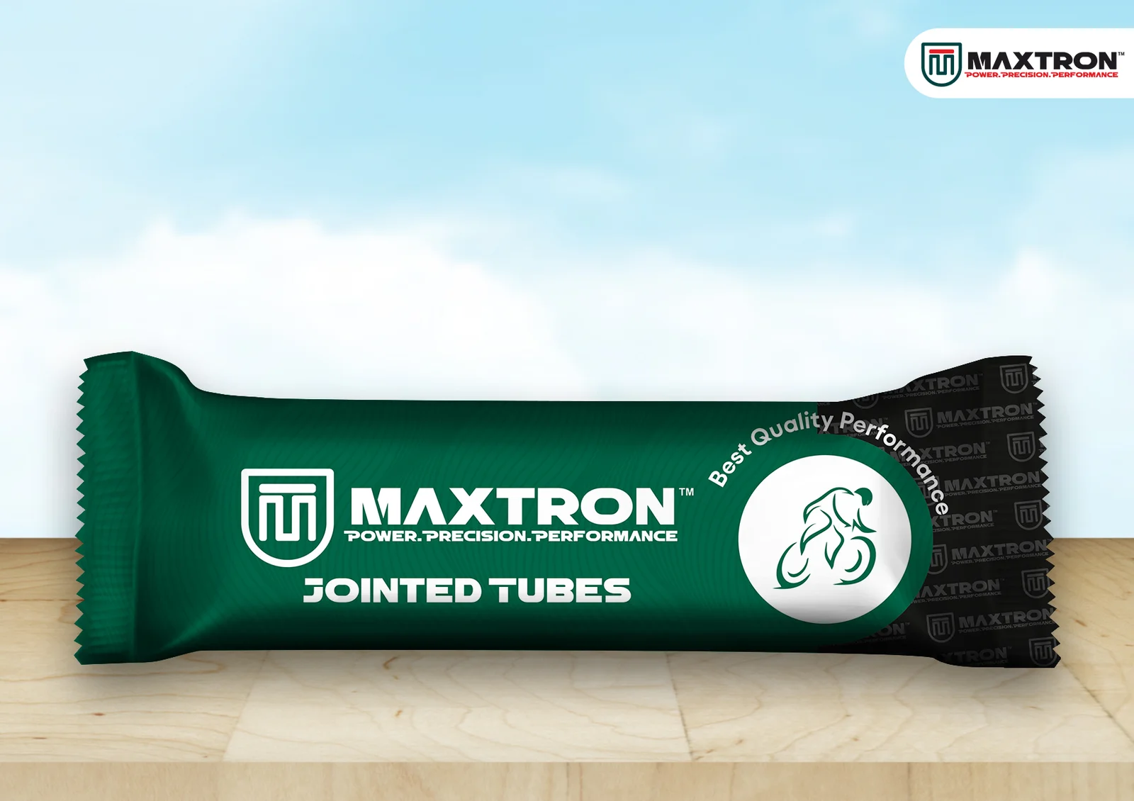 Maxtron Jointed Bicycle Tube retail packaging displayed in green and black branding, highlighting a durable cycle inner tube designed for reliable everyday cycling performance.