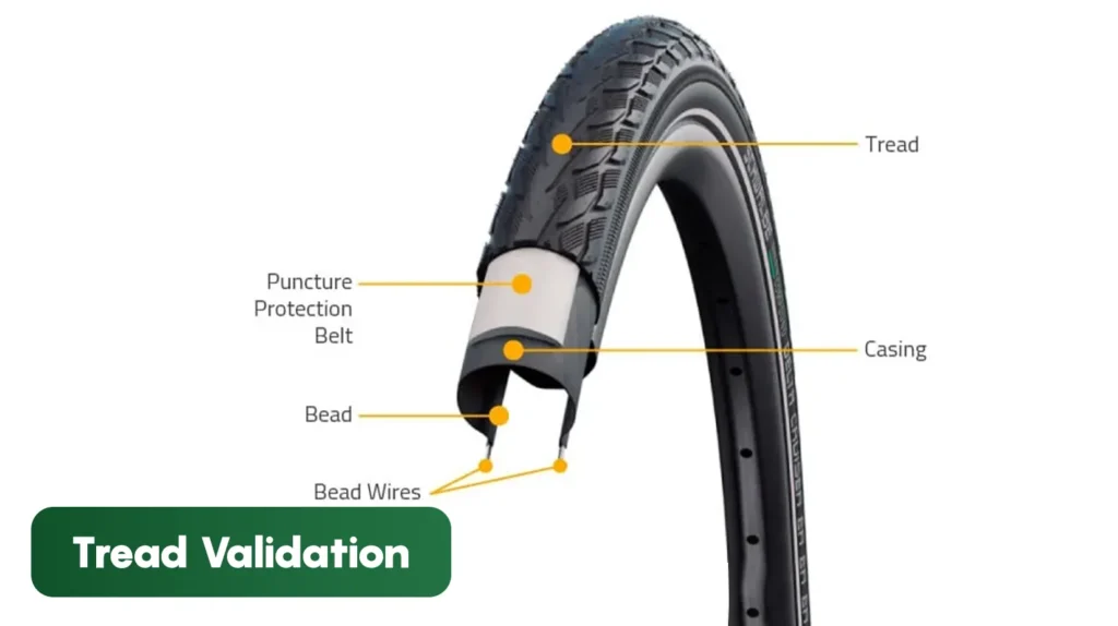 Cross-sectional view of a bicycle tyre highlighting tread, puncture protection belt, casing, bead, and bead wires used in tread validation and performance testing.