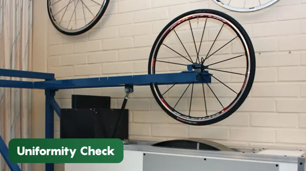 Bicycle wheel mounted on a uniformity testing machine evaluating tyre balance, consistency, and performance characteristics during quality assurance procedures.