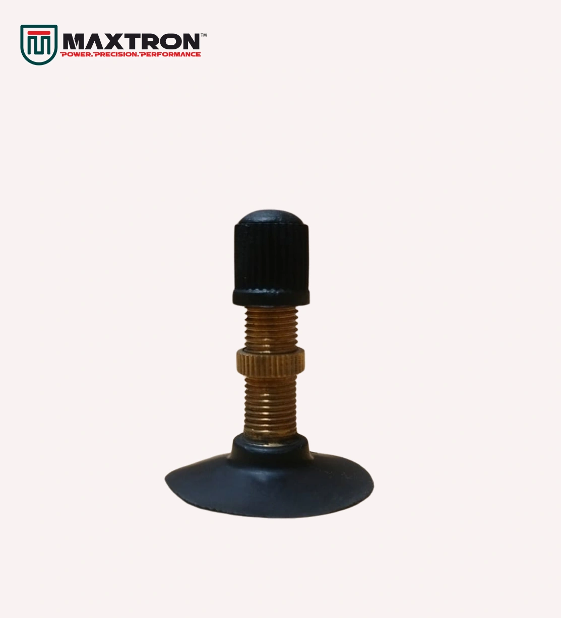 Maxtron American valve (Schrader valve) with brass threaded stem and protective cap, designed for bicycle inner tubes and dependable air pressure maintenance.