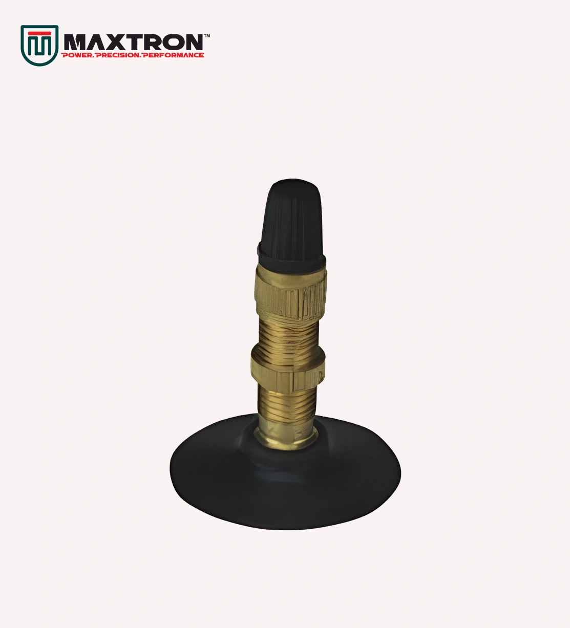 Maxtron Atom Valve with brass threaded stem, locking nut, protective cap, and rubber base designed for bicycle inner tubes and efficient tyre inflation.