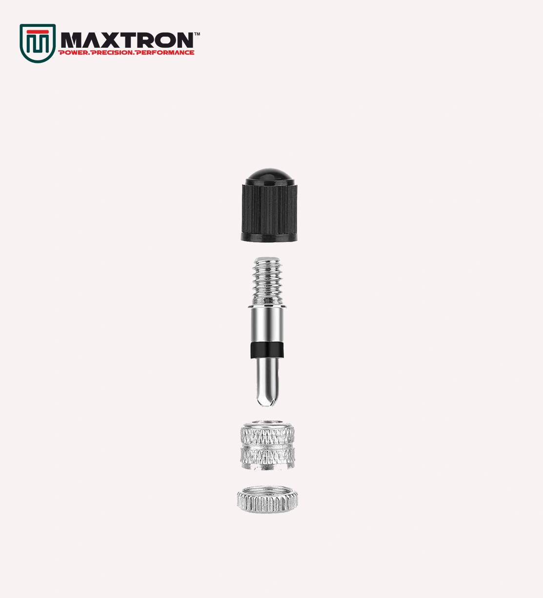 Exploded view of a Maxtron Dunlop valve showing the valve cap, core, and fastening components used in bicycle inner tubes for reliable inflation and air retention.