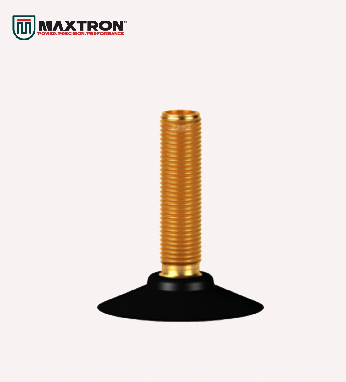 Maxtron English valve with threaded brass stem and rubber base, designed for bicycle inner tubes requiring reliable air retention and efficient inflation.