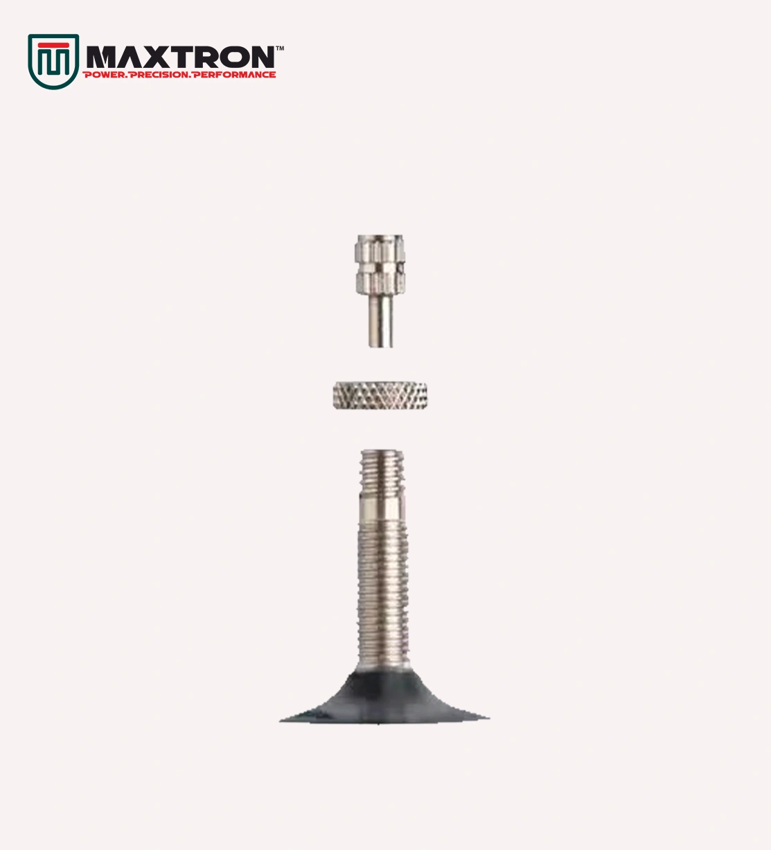 Maxtron Italian Valve with removable valve core, lock ring, threaded metal stem, and rubber base for bicycle inner tubes and high-pressure tyre inflation.