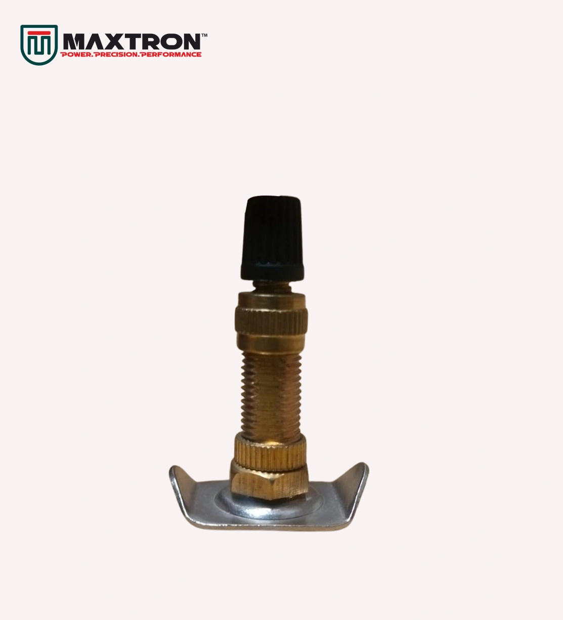 Maxtron Jointed Dunlop Valve with brass threaded stem, retaining nuts, metal mounting base, and protective cap for bicycle inner tubes and tyre inflation.