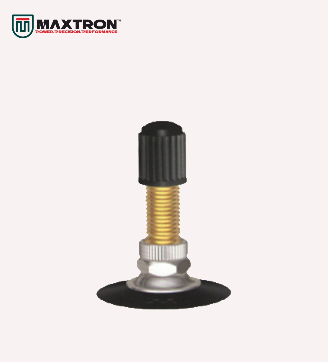 Maxtron Motorcycle Valve TR4 featuring brass stem, retaining nut, sealing washer, rubber base, and protective cap for motorcycle tyre inflation and air retention.