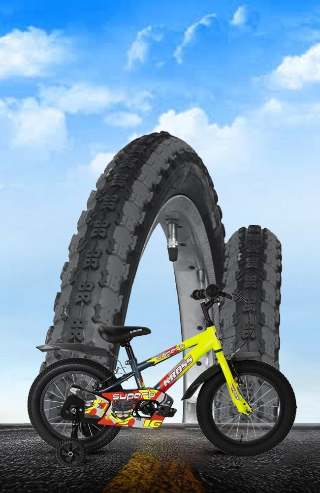 Kids bicycle with training wheels displayed alongside premium bicycle tyres featuring durable tread patterns for enhanced grip, stability, safety, and reliable riding performance.