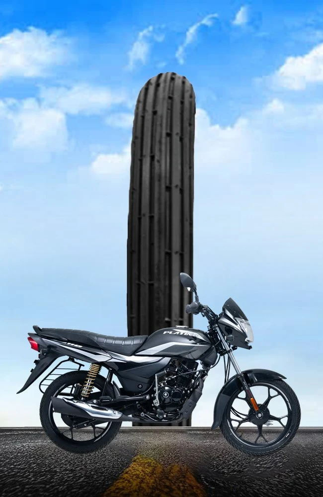 Motorcycle displayed with a premium two wheeler tyre featuring a durable tread design, excellent road grip, stability, and long-lasting riding performance.