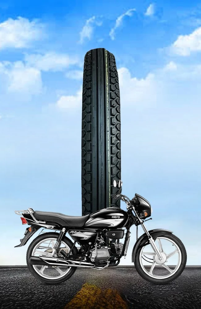 Black commuter motorcycle displayed with a premium motorcycle tyre featuring advanced tread design for superior grip, stability, durability, and reliable road performance.