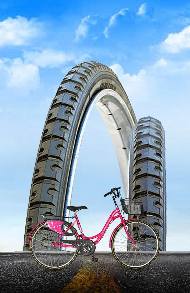 Pink city bicycle displayed with premium city bicycle tyres featuring optimized tread patterns for smooth riding, durability, stability, and reliable urban cycling performance