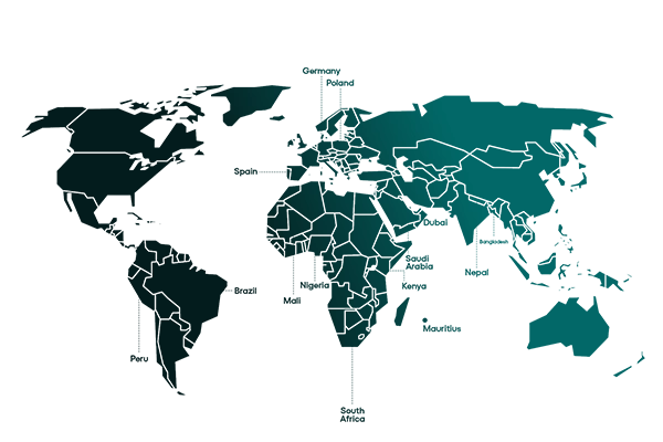 Global presence illustration representing Maxtron's international tyre and tube distribution network across multiple countries and continents, serving customers worldwide.