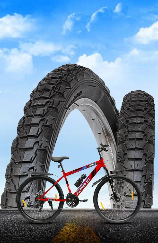 Red mountain bike displayed with premium MTB bicycle tyres featuring aggressive tread patterns for superior traction, durability, stability, and all-terrain cycling performance.
