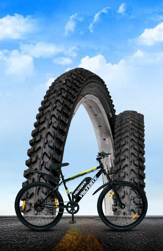 Black mountain bike displayed with premium MTB bicycle tyres featuring aggressive tread patterns for maximum traction, durability, stability, and off-road cycling performance.