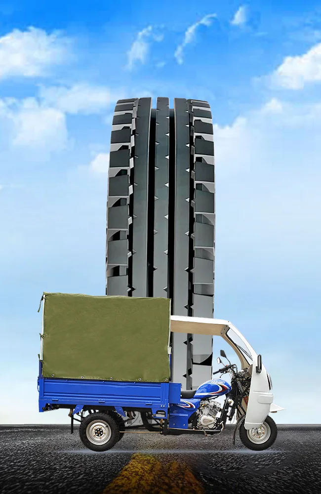 Blue cargo three wheeler with heavy-duty commercial tyre designed for load transportation, durability, stability, traction, and reliable cargo handling performance.