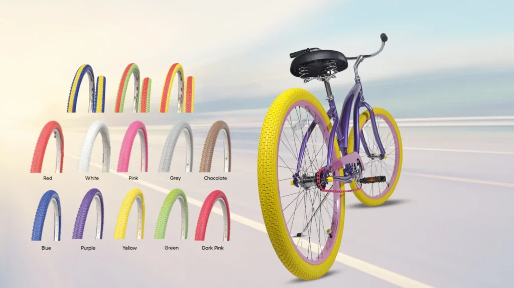 Colorful bicycle tyres available in multiple vibrant colors mounted on a stylish bicycle, offering durability, grip, comfort, and an attractive appearance for urban cycling.