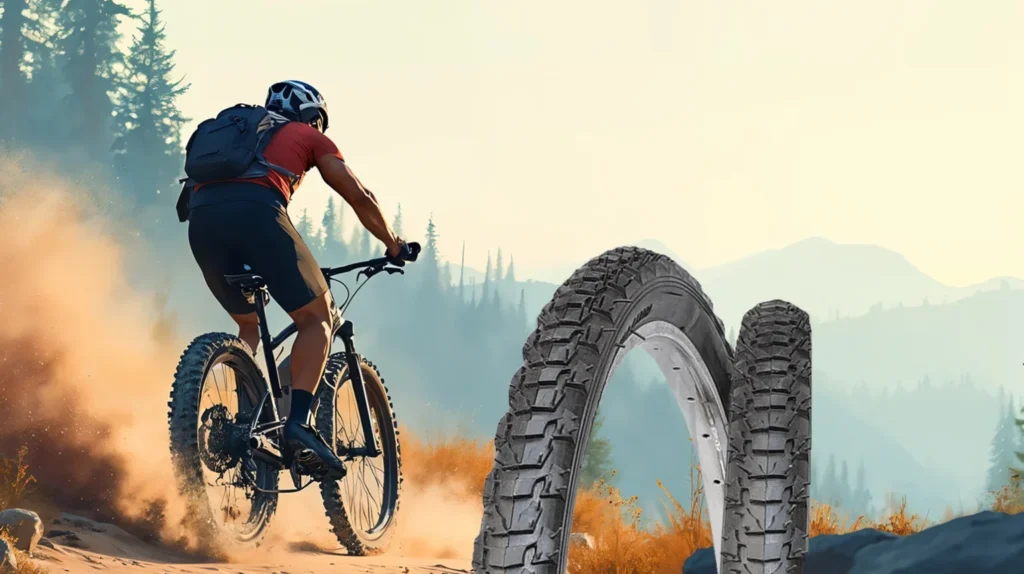 Mountain biker riding on a rugged trail with premium MTB bicycle tyres featuring aggressive tread patterns for enhanced grip, durability, stability, and off-road performance.