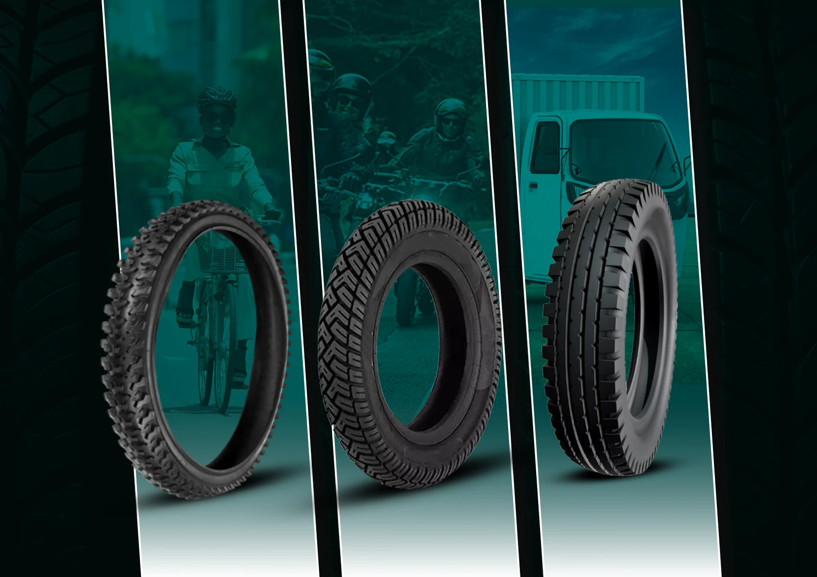 Premium bicycle, motorcycle, and three wheeler tyres showcasing advanced tread designs for enhanced grip, durability, stability, and reliable road performance.