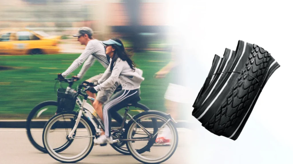 Cyclists riding bicycles alongside premium bicycle tyre tread patterns showcasing enhanced grip, durability, stability, and reliable performance for urban and recreational cycling.