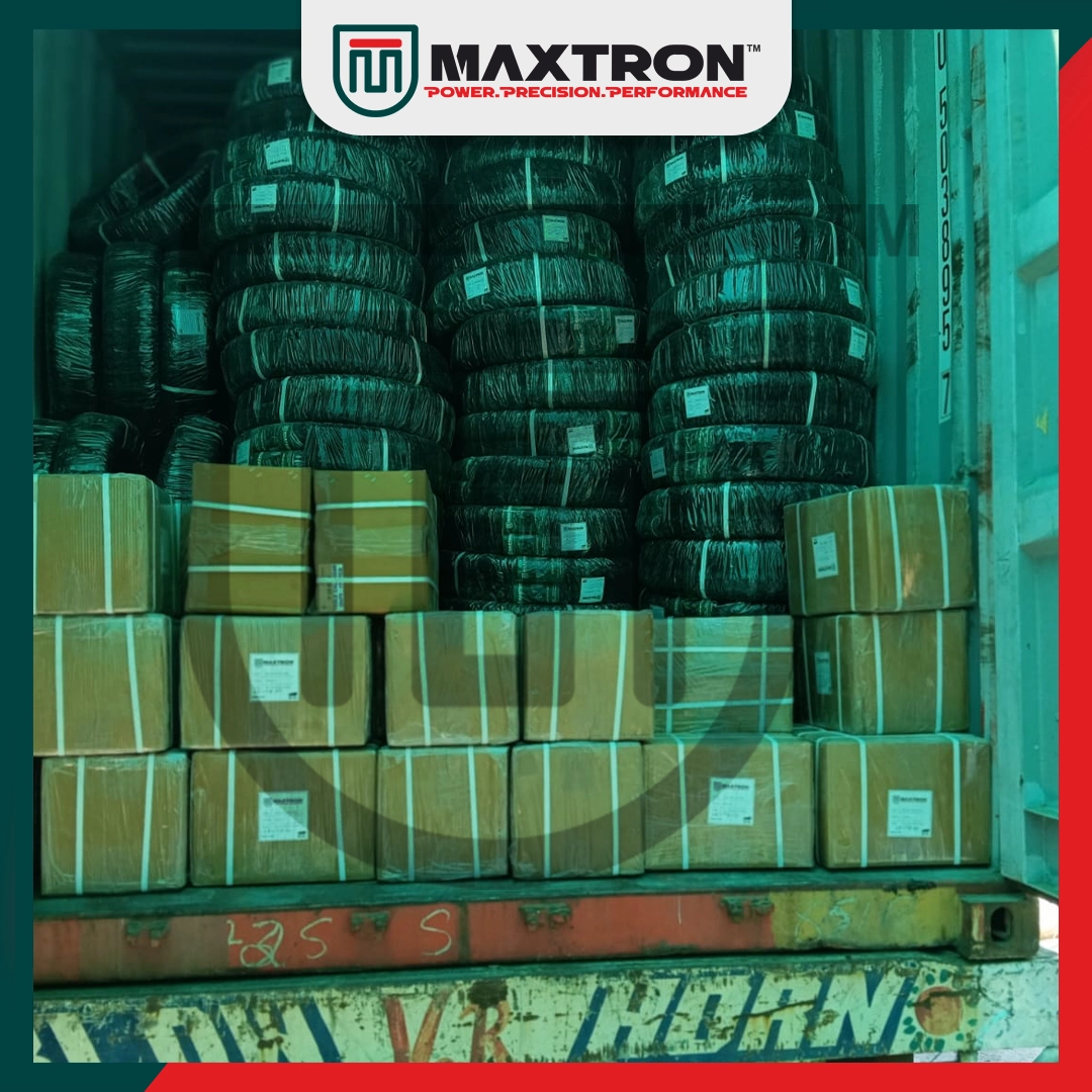 Maxtron export container loaded with bicycle tyres, tubes, and packaged cartons ready for international shipment to global B2B distributors.