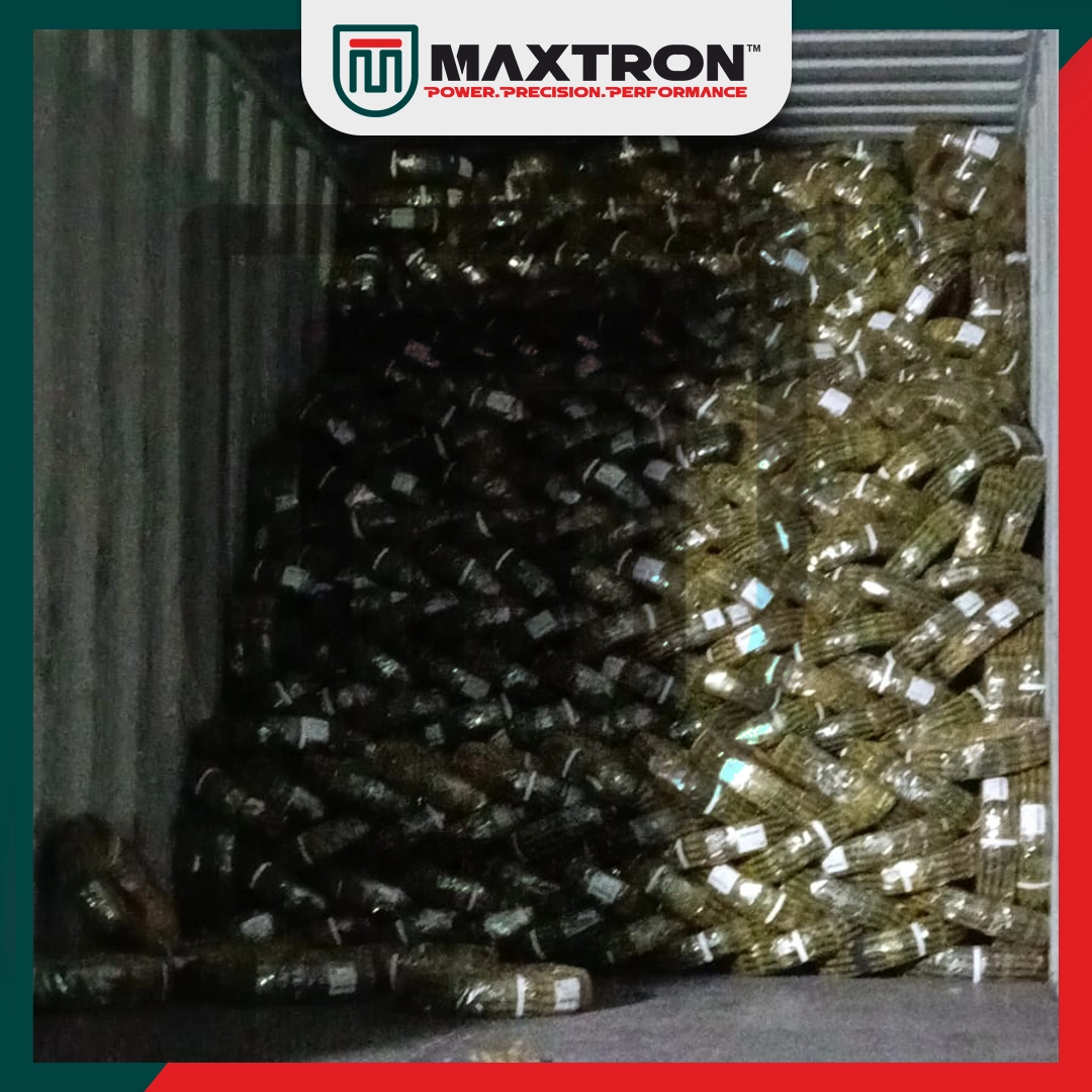 Maxtron bicycle tyres loaded inside a shipping container, prepared for international export with secure bulk packaging for global distributors and importers.