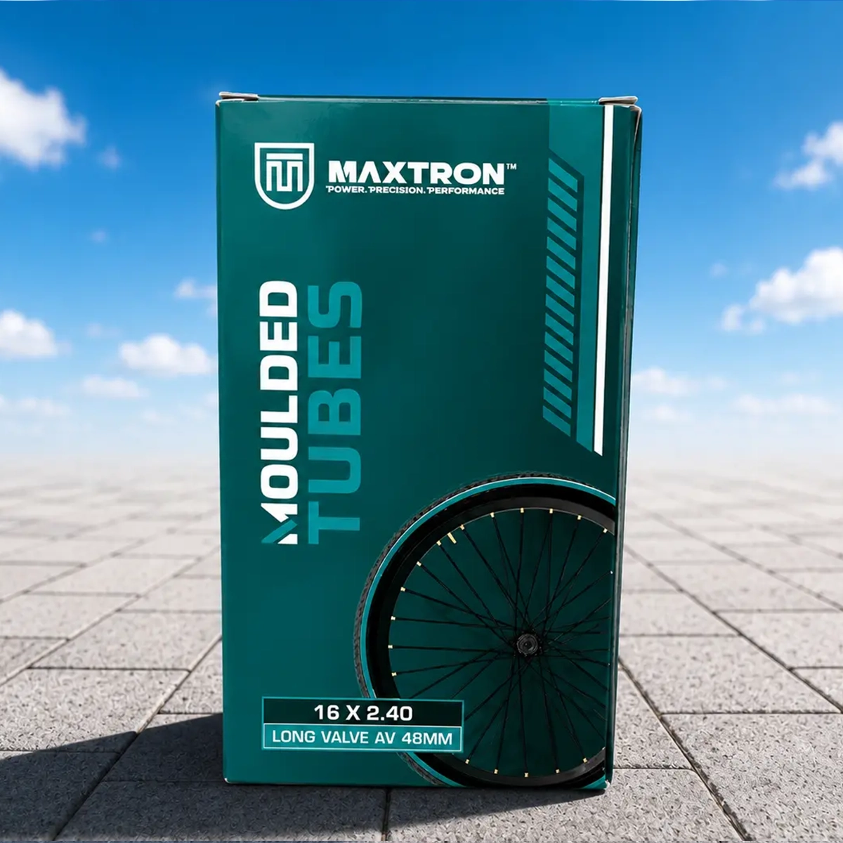 Maxtron moulded bicycle tube box with 16 x 2.40 size and 48mm AV long valve, designed for excellent durability, air retention, and everyday cycling performance.