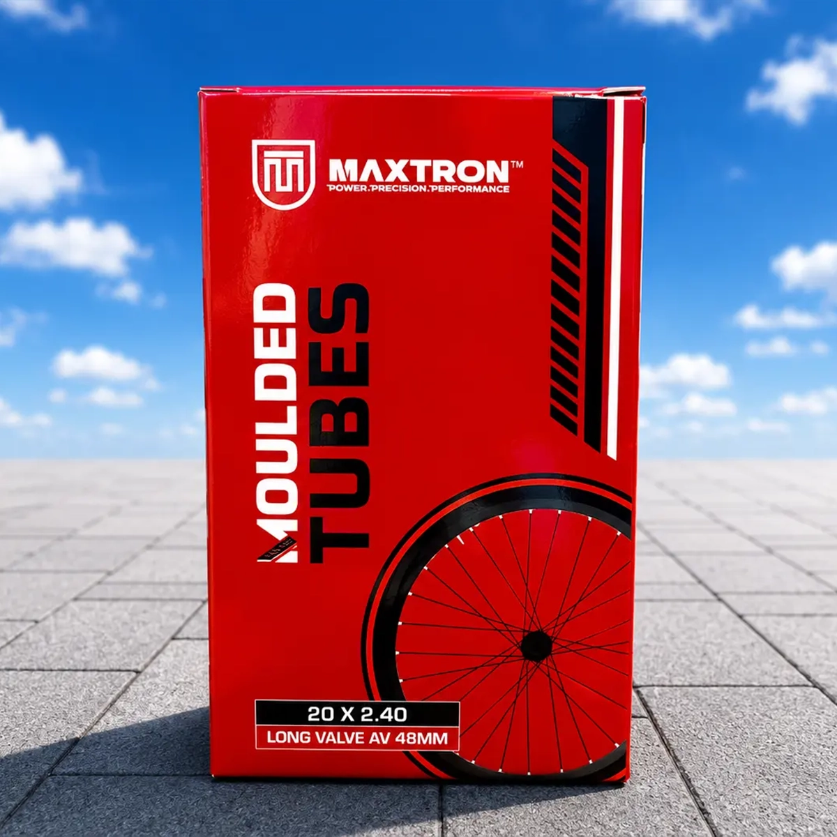 Maxtron moulded bicycle tube box with 20 x 2.40 size and 48mm AV long valve, engineered for superior durability and reliable cycling performance.