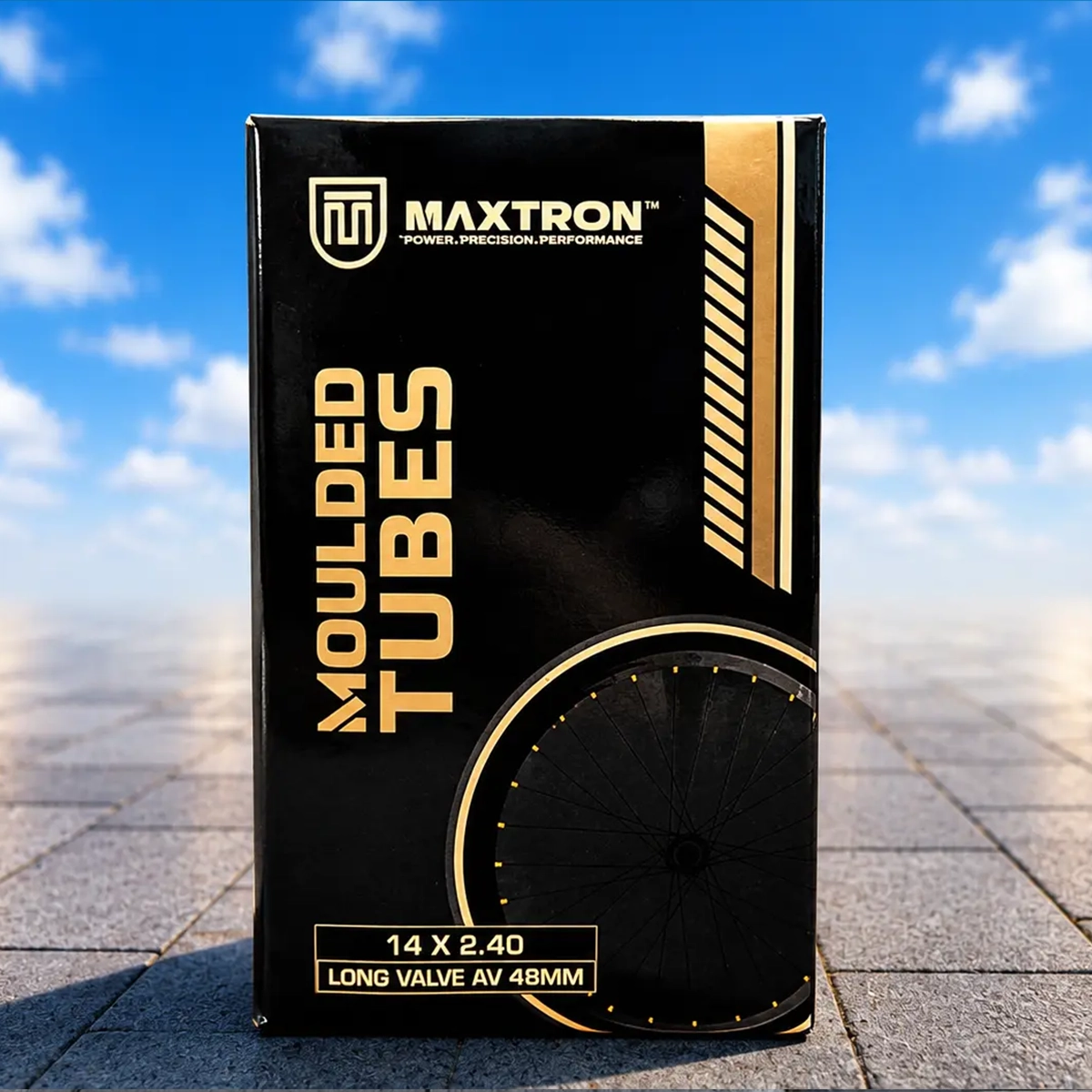 Maxtron moulded bicycle tube box with 14 x 2.40 size and 48mm AV long valve, designed for durable performance and global OEM and aftermarket supply.