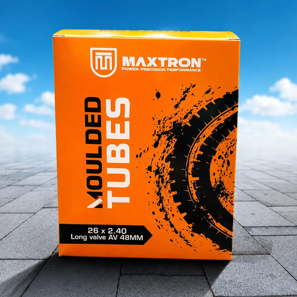 Maxtron moulded bicycle tube box with 26 x 2.40 size and 48mm AV long valve, designed for superior durability, puncture resistance, and long-lasting performance.