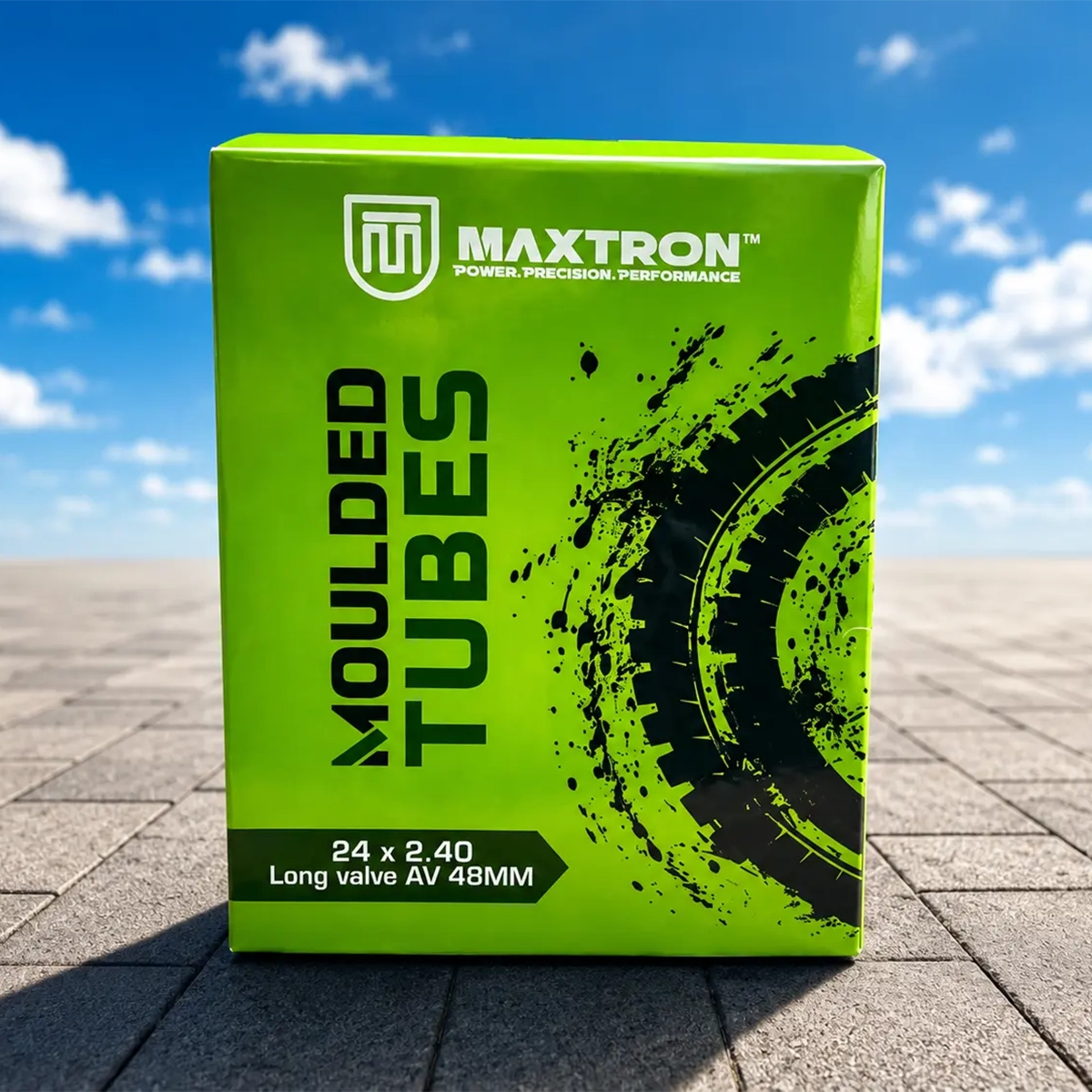 Maxtron moulded bicycle tube box with 24 x 2.40 size and 48mm AV long valve, designed for excellent air retention, durability, and reliable cycling performance.