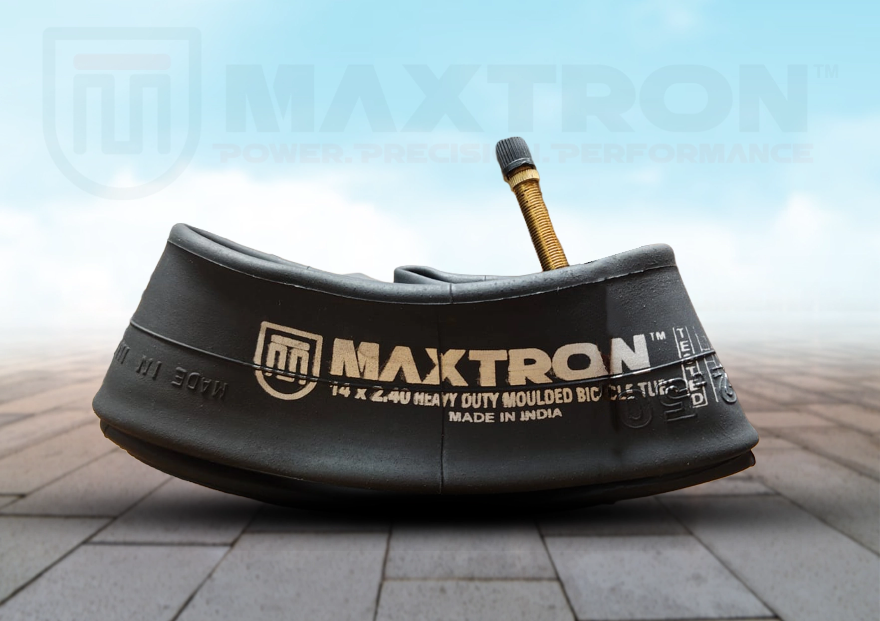 Maxtron 14 x 2.40 heavy-duty moulded bicycle tube with 48mm AV Schrader valve, designed for superior air retention, puncture resistance, and long-lasting cycling performance.