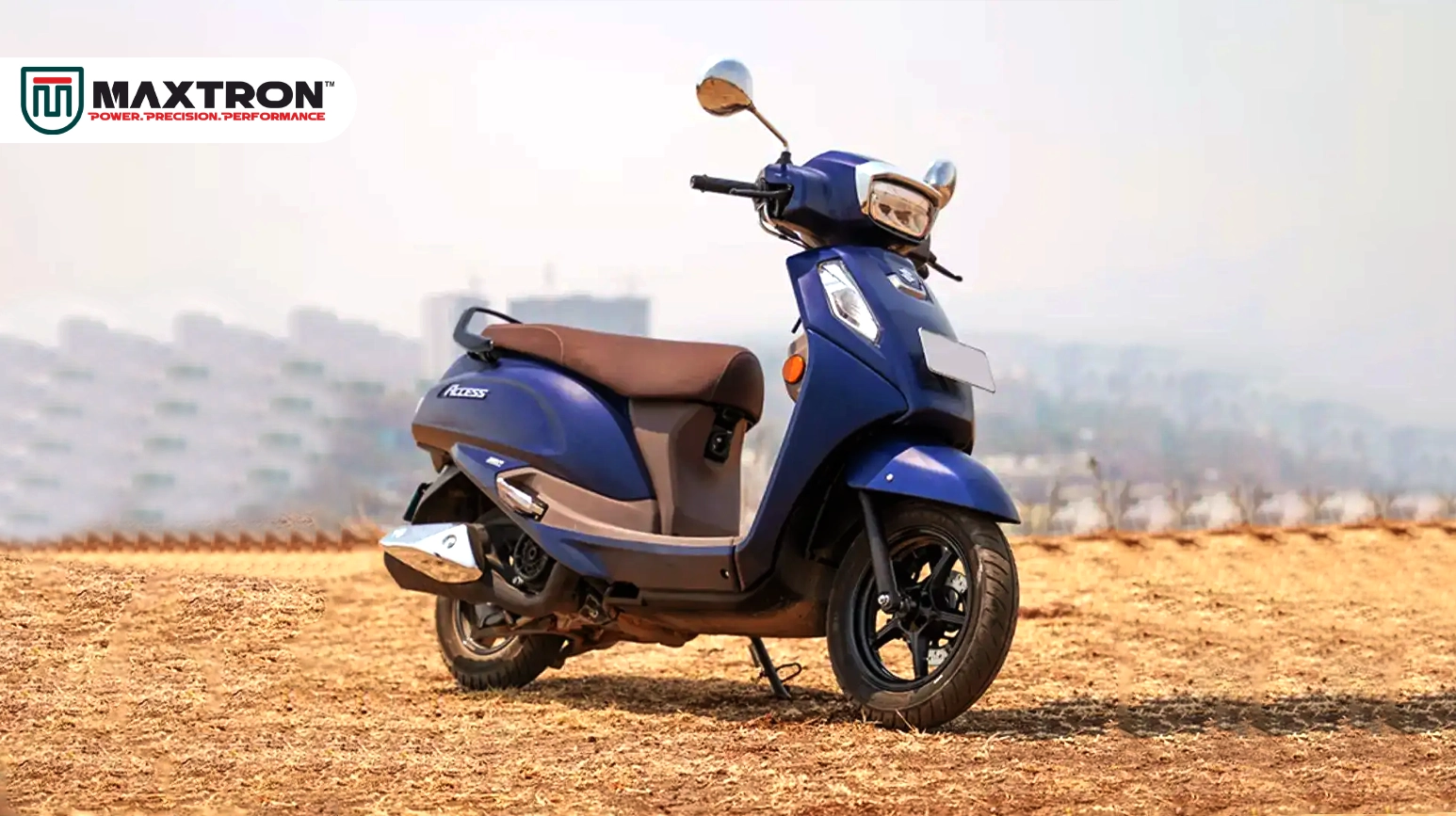 Blue scooter equipped with Maxtron scooter tyres, delivering excellent grip, smooth handling, enhanced stability and long-lasting performance for everyday urban commuting.